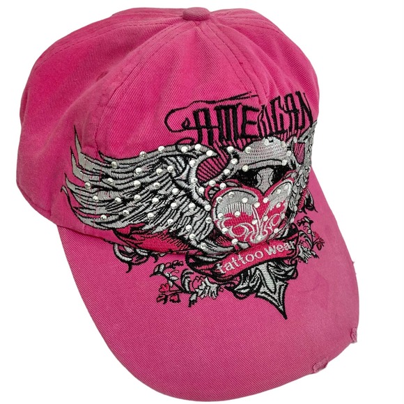 No Brand Accessories - Embroidered pink women's baseball cap by American Tattoo Wear, distressed0